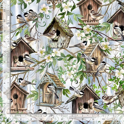 Timeless Treasures - Birdhouse Bloom - Chickadee Birdhouse, Blue