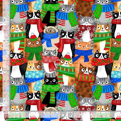 Timeless Treasures - Cats - Cats With Holiday Scarf, Multi