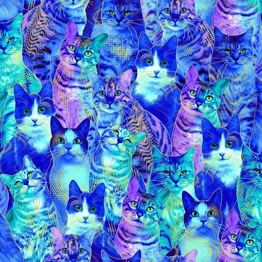 Timeless Treasures - Cats - Packed Metallic Royal Cats, Blue