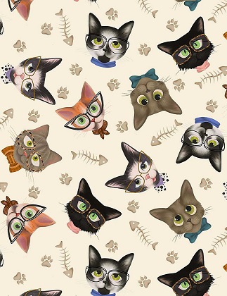 Timeless Treasures - Cats - Tossed Cat Heads in Glasses, Natural