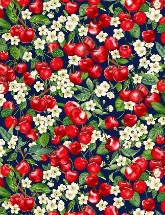 Timeless Treasures - Cherry Pie - Packed Cherries & Flowers, Navy