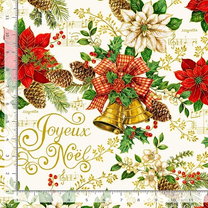 Timeless Treasures - Deck The Halls - Christmas Bell Poinsettia & Text, Cream