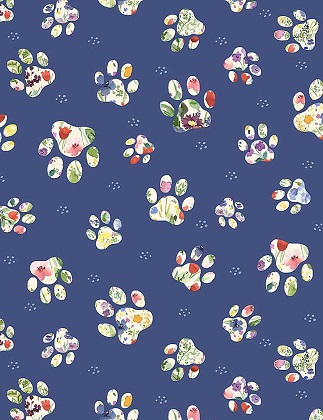 Timeless Treasures - Dogs - Floral Dog Paws, Navy