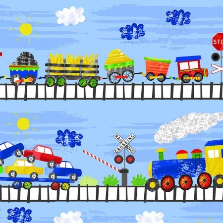 Timeless Treasures - FUN - Trains Stripe, Blue