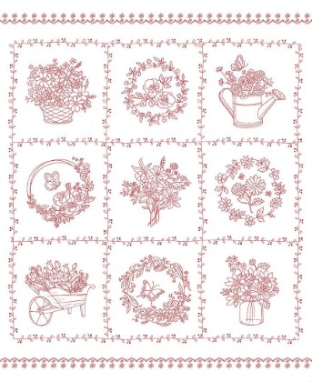 Timeless Treasures - Garden Redwork - 36' Redwork Floral Panel, White