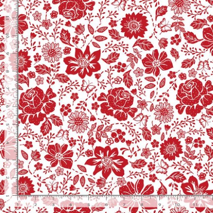 Timeless Treasures - Garden Redwork - Large Redwork Floral, White