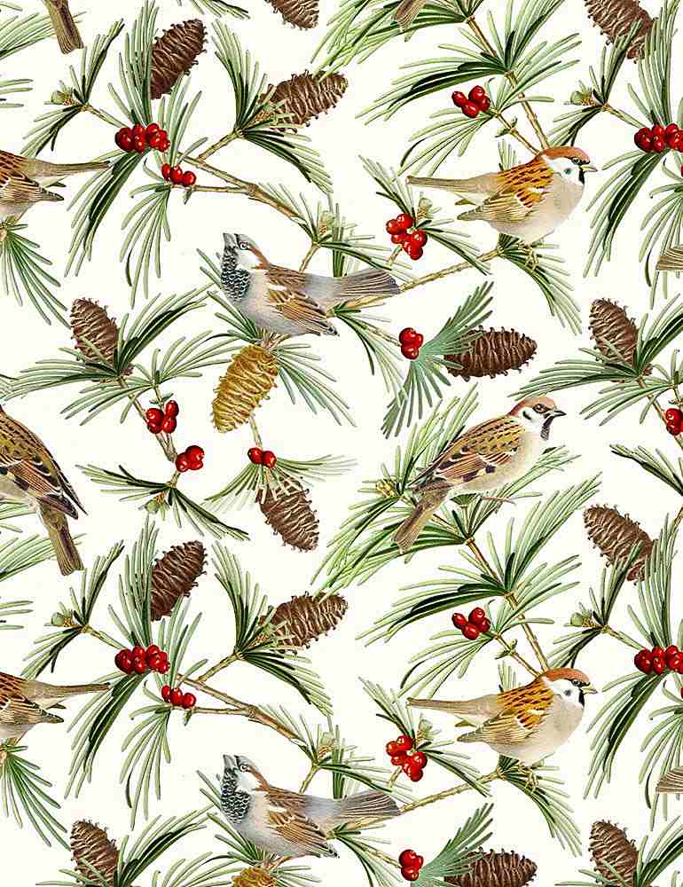 Timeless Treasures - Holiday Retreat - Birds & Pinecones, Cream