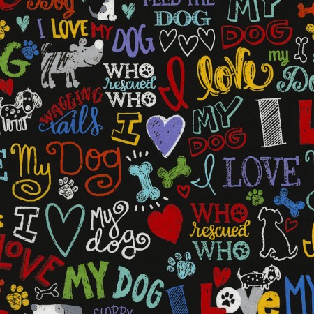 Timeless Treasures - I Love My Dog - Dog Text, Black