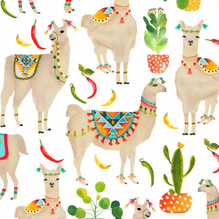 Timeless Treasures - Llamas - (West) - Llamas & Cactus, White