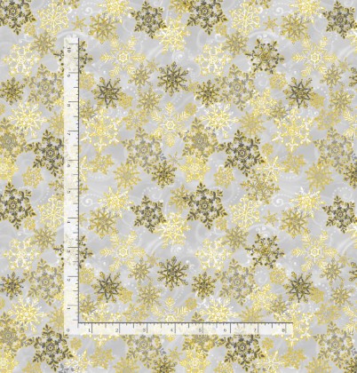 Timeless Treasures - Silver & Gold - Gold Metallic Snowflakes, Silver