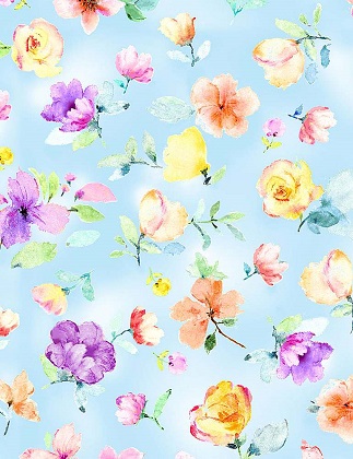 Timeless Treasures - Spring Song - Watercolor Spring Florals & Buds, Blue