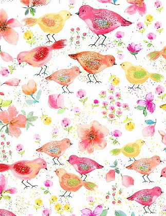 Timeless Treasures - Spring Song - Watercolor Spring Song Birds, White