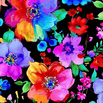 Timeless Treasures - Untamed Beauty - Large Bright Painted Florals, Black