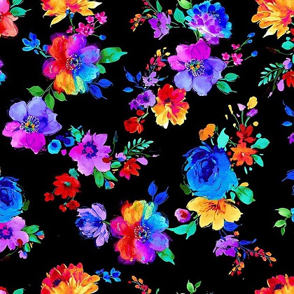 Timeless Treasures - Untamed Beauty - Small Bright Painted Florals, Black