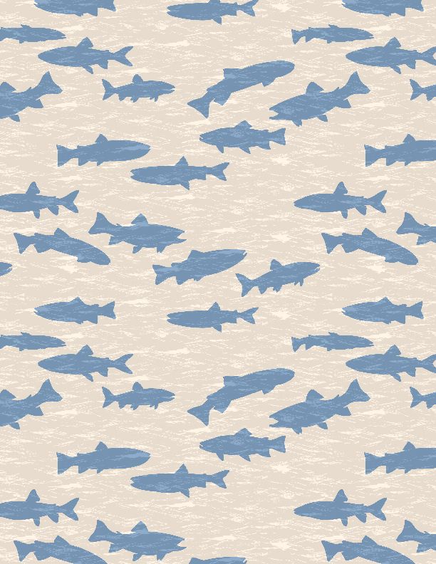 Wilmington Prints - Gone Fishing - Fish Silhouettes, Cream/Blue