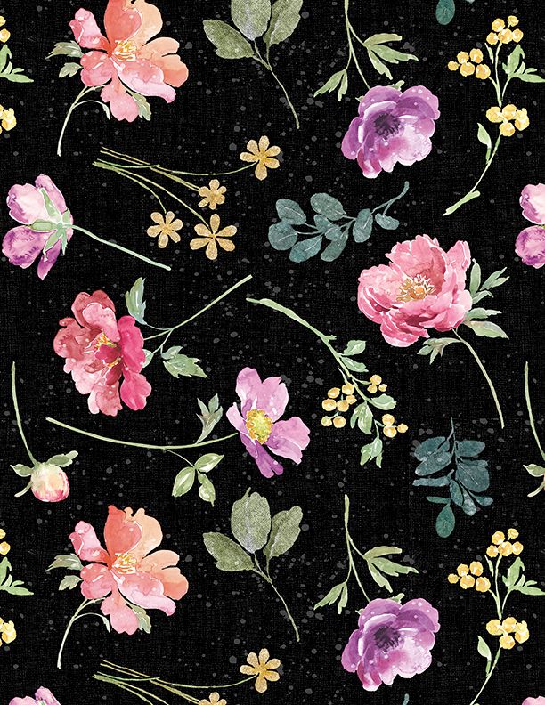 Wilmington Prints - Meadow Melody - Flower Toss, Black