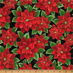 Hoffman California - Christmas Splendor - Packed Poinsettia, Black/Gold