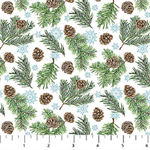 Northcott - Woodland Woolies Flannel - Pinecones & Boughs, White