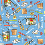 Quilting Treasures - Who Let the Hogs Out - Garden Tools, Blue