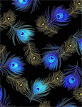 Timeless Treasures - Royal Plume - Tossed Metallic Peacock Feathers, Black