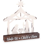 TIN HOLY FAMILY WHITE ON WOOD NATIVITY